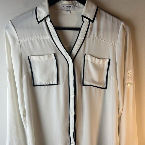 Express Portofino Shirt Womens Size S White Black Trim Long Sleeve Sheer Pockets - Picture 3 of 10